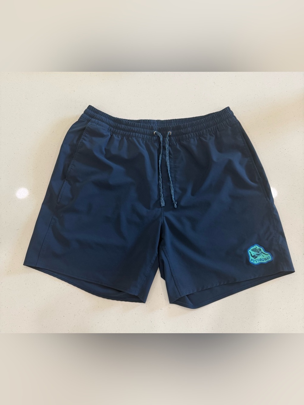 Patagonia Navy Blue Hybrid Shorts with Teal Patch